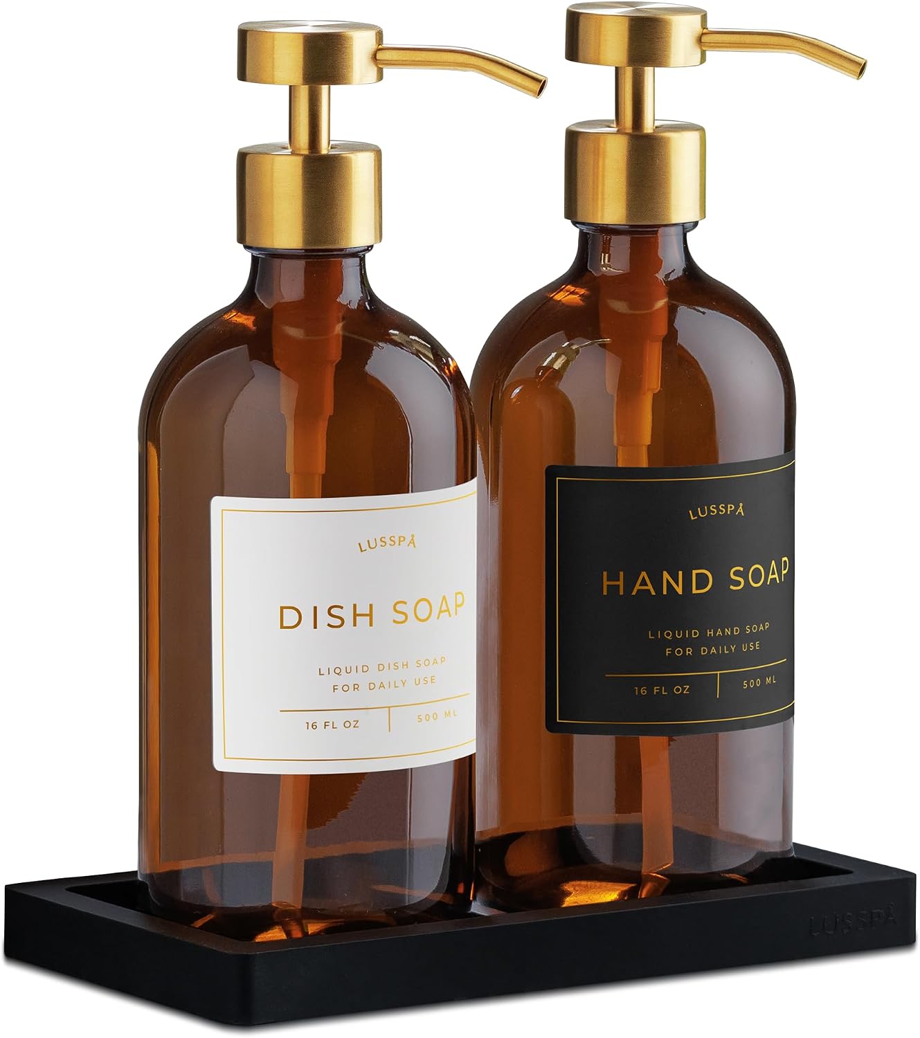 Glass Soap Dispenser Set of 2 (Amber) with Silicone Tray | Hand and Dish Soap Dispenser for Kitchen and Bathroom |