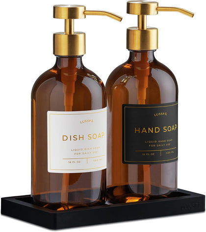 Glass Soap Dispenser Set of 2 (Amber) with Silicone Tray | Hand and Dish Soap Dispenser for Kitchen and Bathroom |