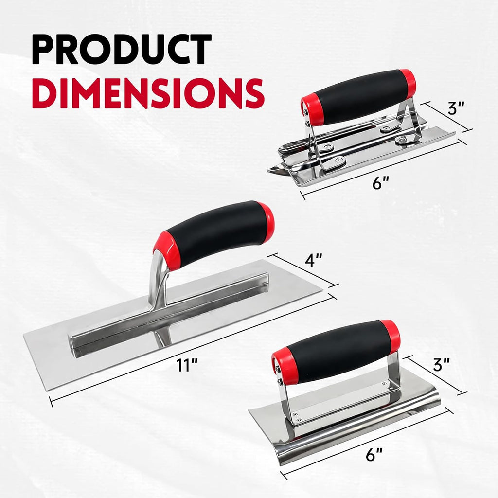 3-Pack Stainless Concrete Finishing Trowel set, Edger & Groover | 3-piece concrete trowel set, 11"x4" finishing