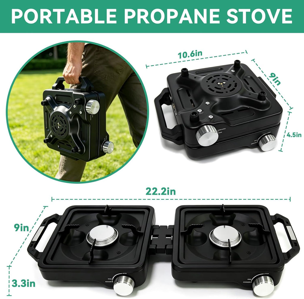 2 Burner Camp Stove 24000 BTU, Portable Propane Camping Stove with Windshield, Foldable Gas Stove with Adjustable