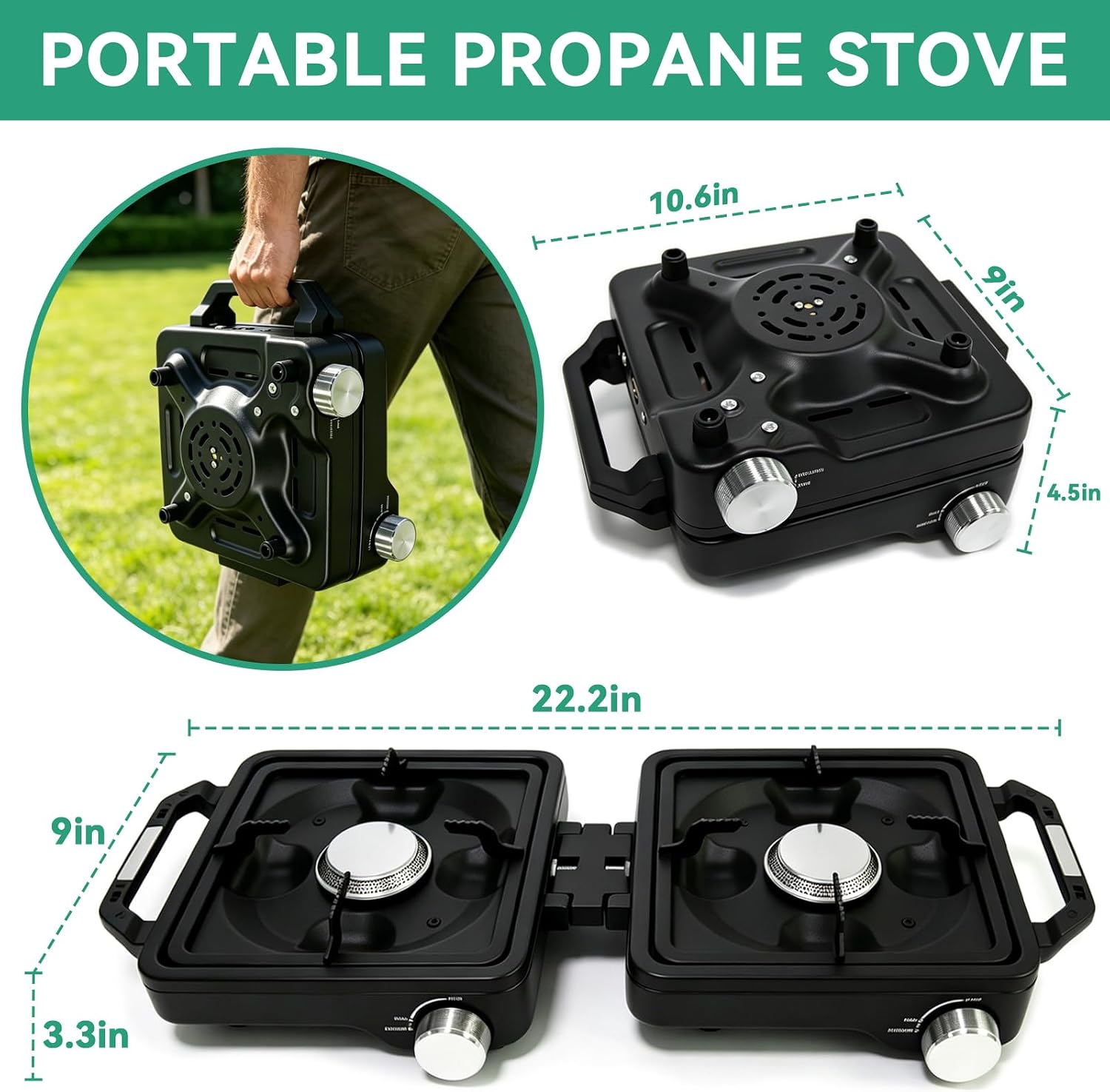 2 Burner Camp Stove 24000 BTU, Portable Propane Camping Stove with Windshield, Foldable Gas Stove with Adjustable