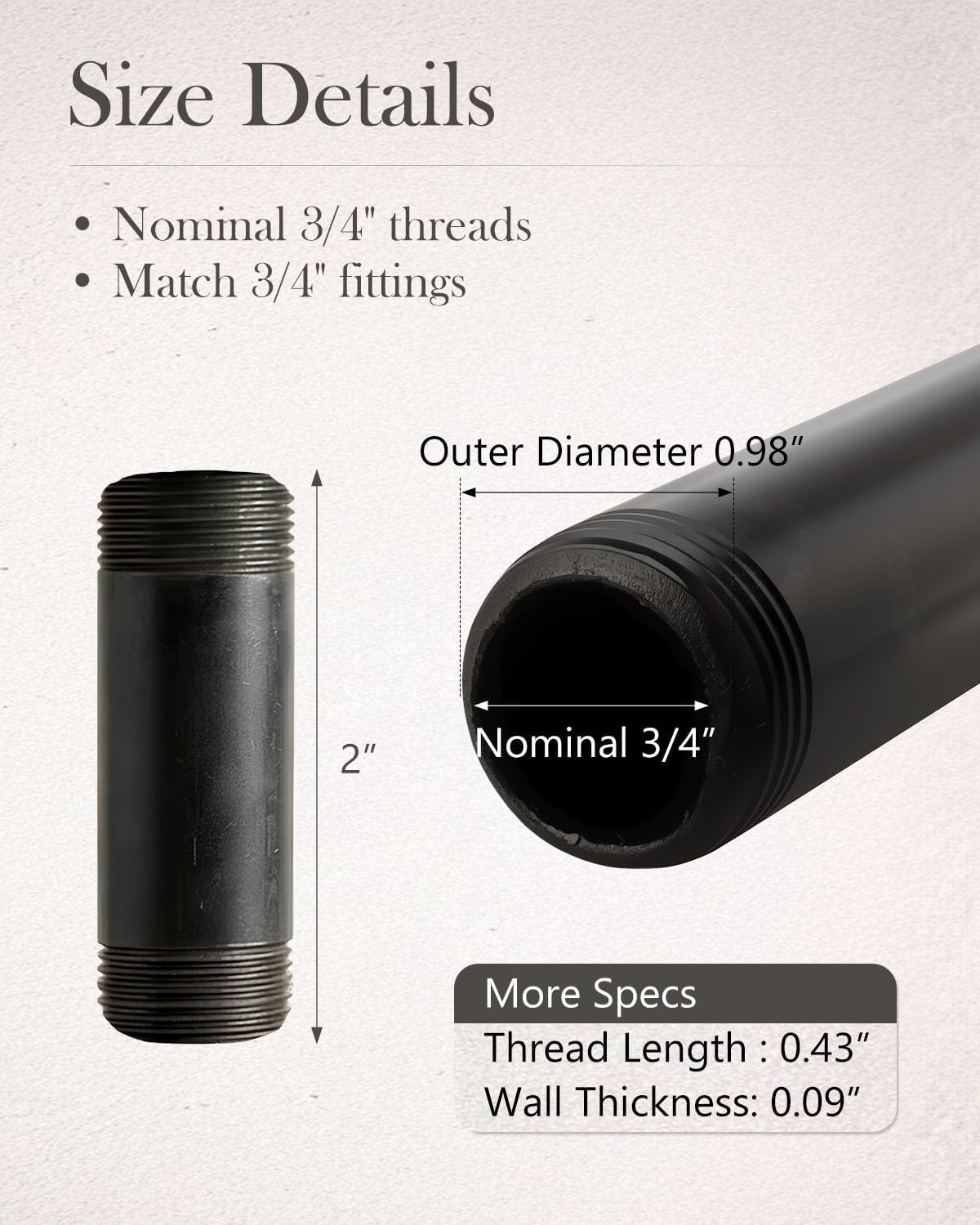 10 Pack 3/4 x 2 Inches Black Malleable Steel Pipe Nipples