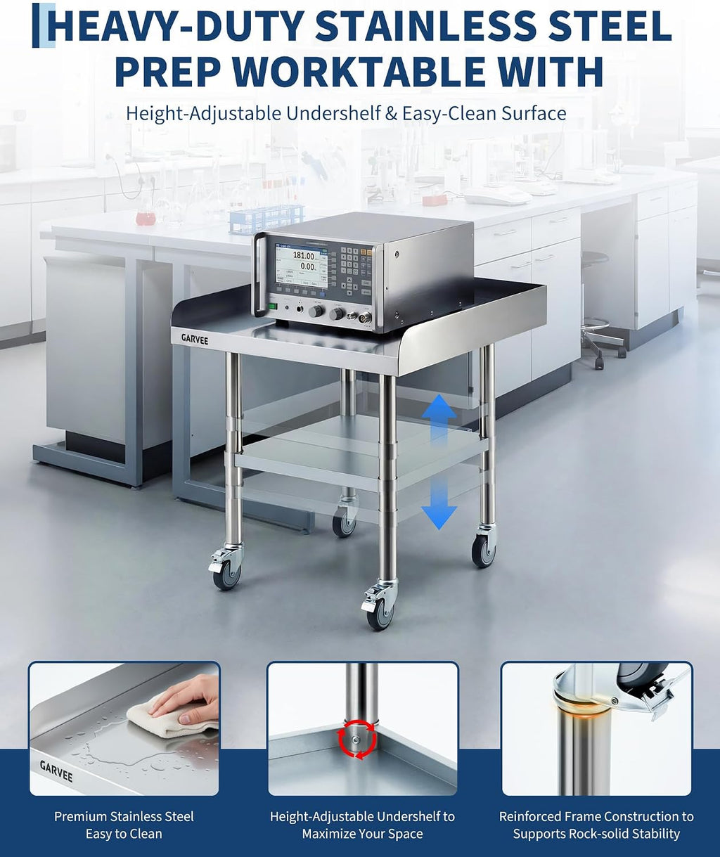 24x36 Inch Stainless Steel Work Table with Wheels, Commercial Prep Table with 3-Sided Backsplash & Height Adjustable