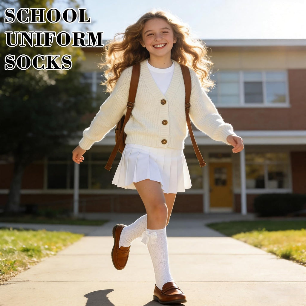 3 Pairs Girls Cotton Knee High Bow Socks, School Socks Ages 4-12 | Lovely side bow decoration,classic white, black