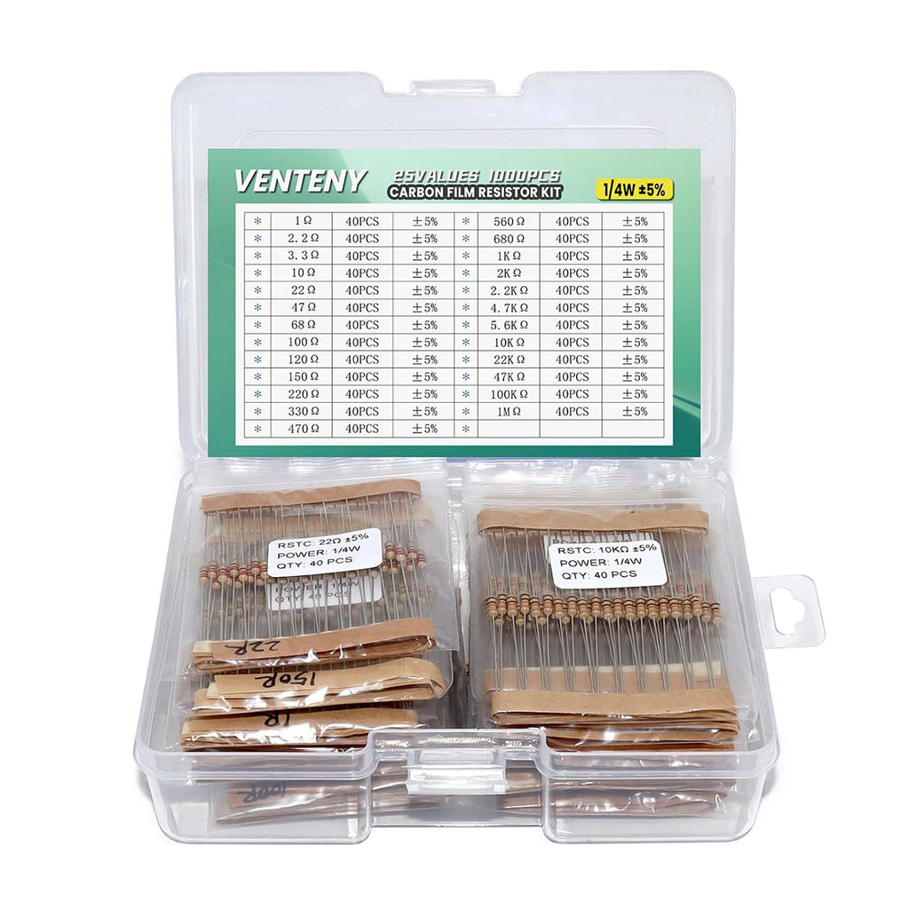 1000PCS Resistor Kit, 25 Values 1 Ohm-1M Ohm, 1/4W 5% Carbon Film