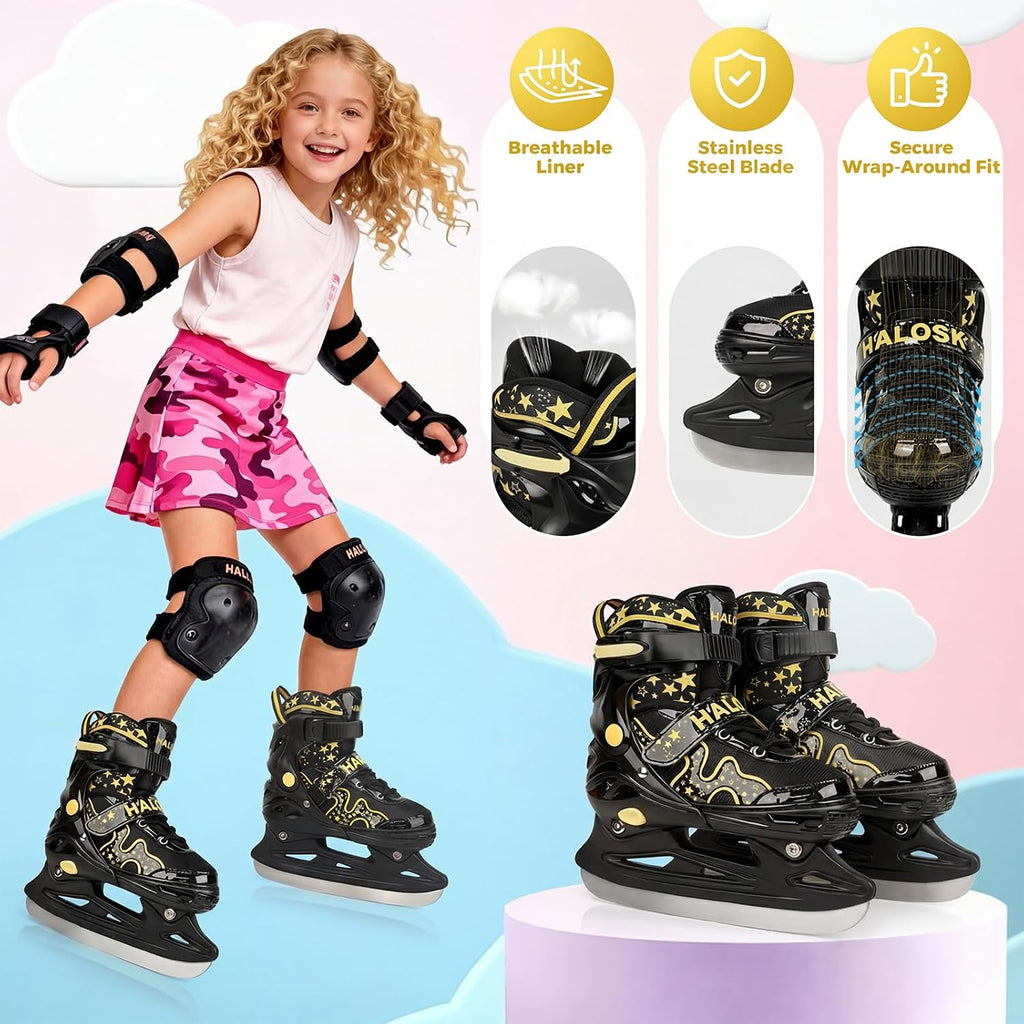 Ice Skates for Kids Girls Boys with Glitter Star, Adjustable Skates for Beginner with Triple Safety Closure, Gradient