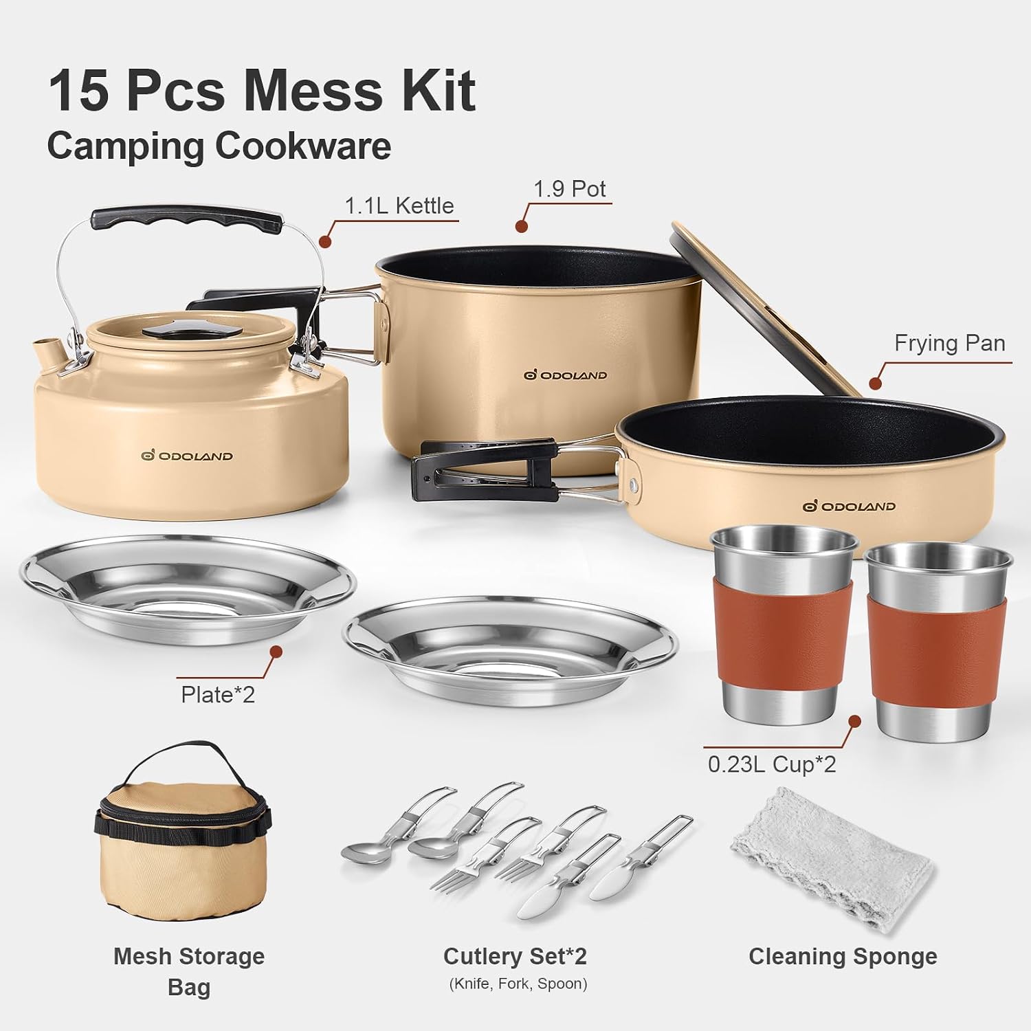 15pcs Camping Cookware Mess Kit, 1.9L Pot, for Camping, Backpacking | Anodized aluminum, for hiking, outdoor cooking