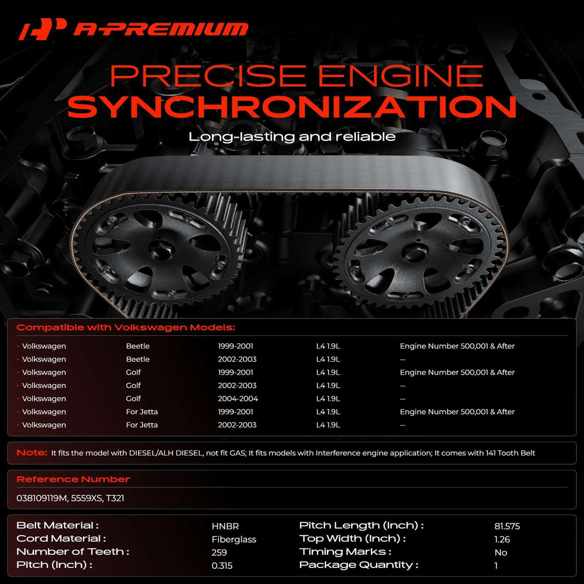 A-Premium Engine Timing Belt Compatible with Volkswagen Models