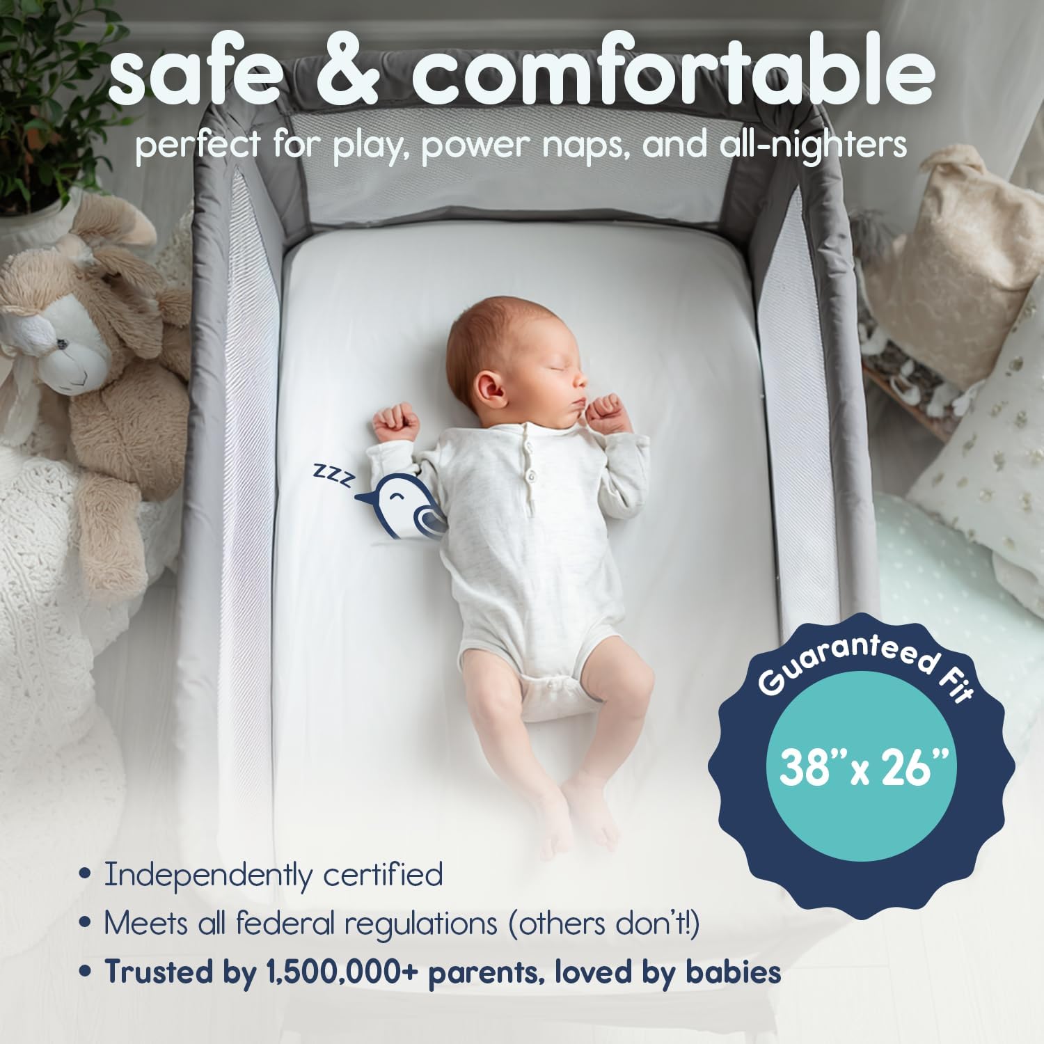 Playard Mattress Pad, Pack and Play Mattress with Carry Bag, 1.25"