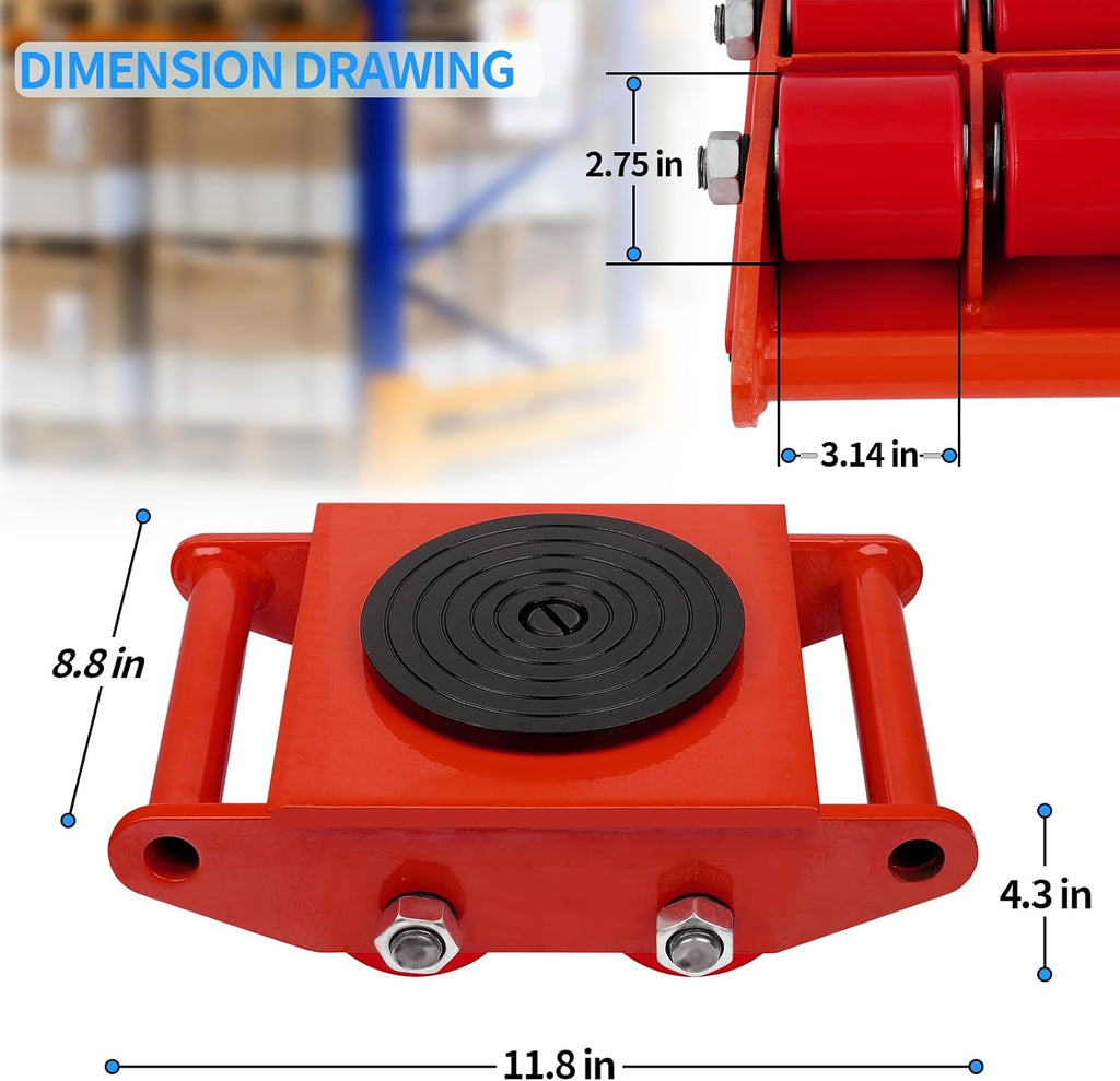 Machinery Mover 6T 13200LB Capacity Machinery Skate, Red | 4 Wheels Dolly Skate Roller, 360 Degree Rotation Cap