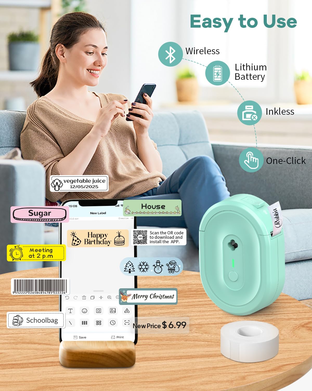 NDYIN N12 Label Maker Machine with 1 Tape Bluetooth Label Printer, Green