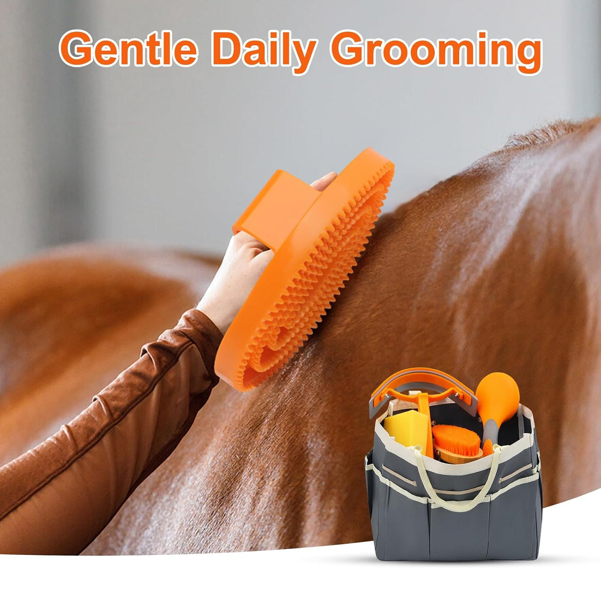 Horse Grooming Kit, 12-Piece Horse Brush Set with Storage Tote, Grey