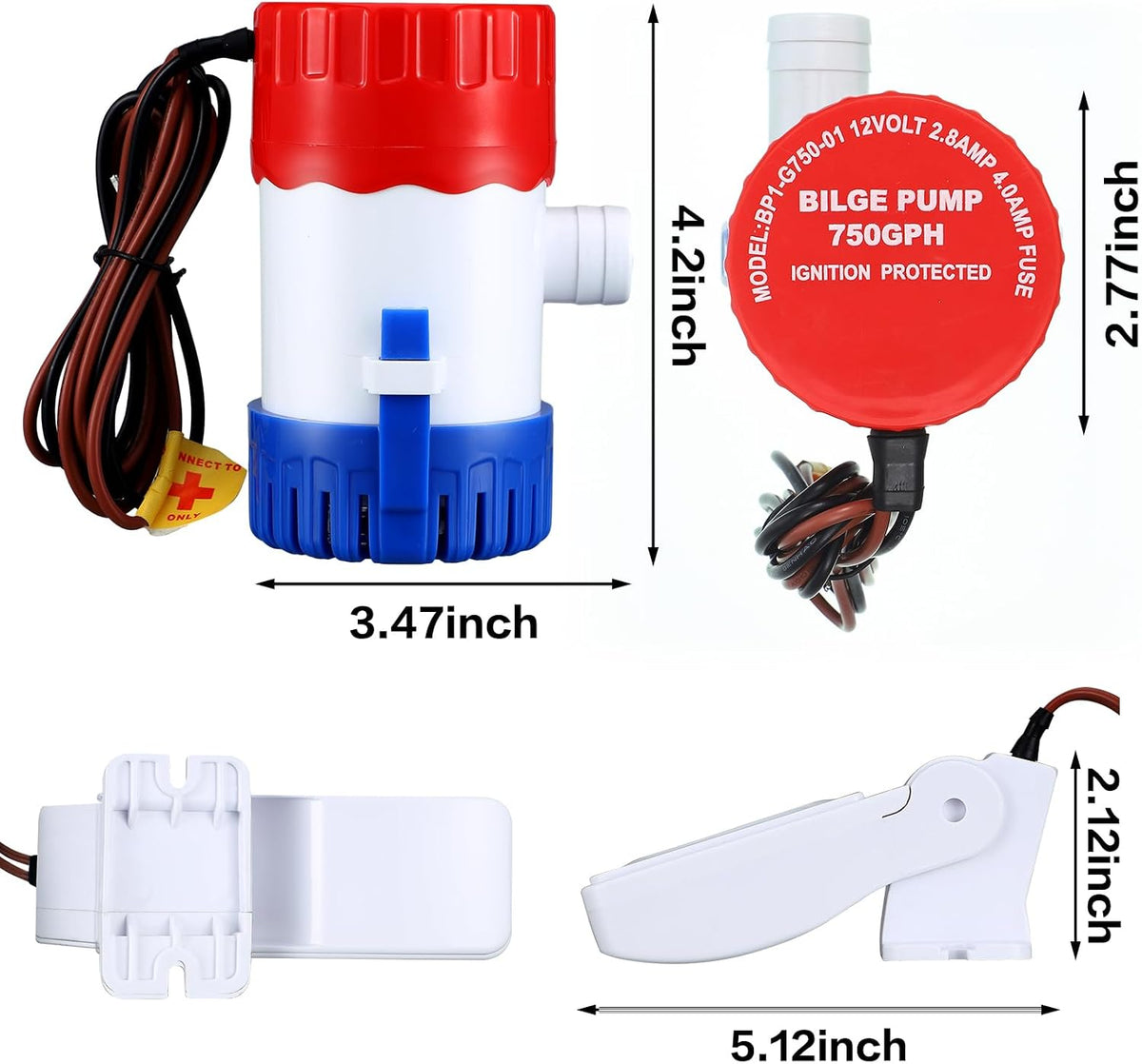 Landhoow Bilge Pump 12V with Float Switch Bilge for Boats, 750 Gph