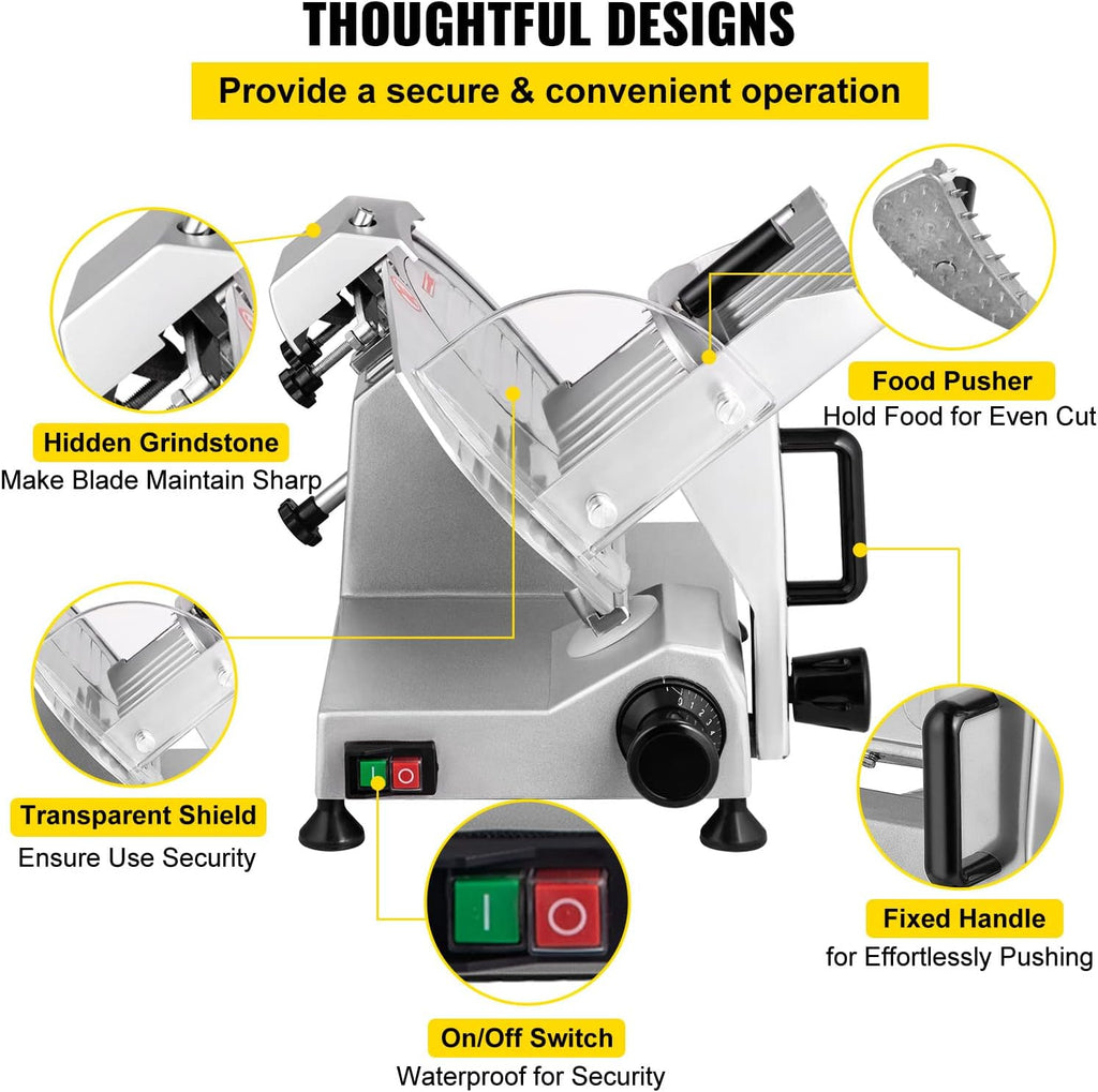 Commercial Meat Slicer, 200W Electric Deli Food Slicer, 0-12mm Adjustable Thickness Electric Meat Slicer, 350-400RPM
