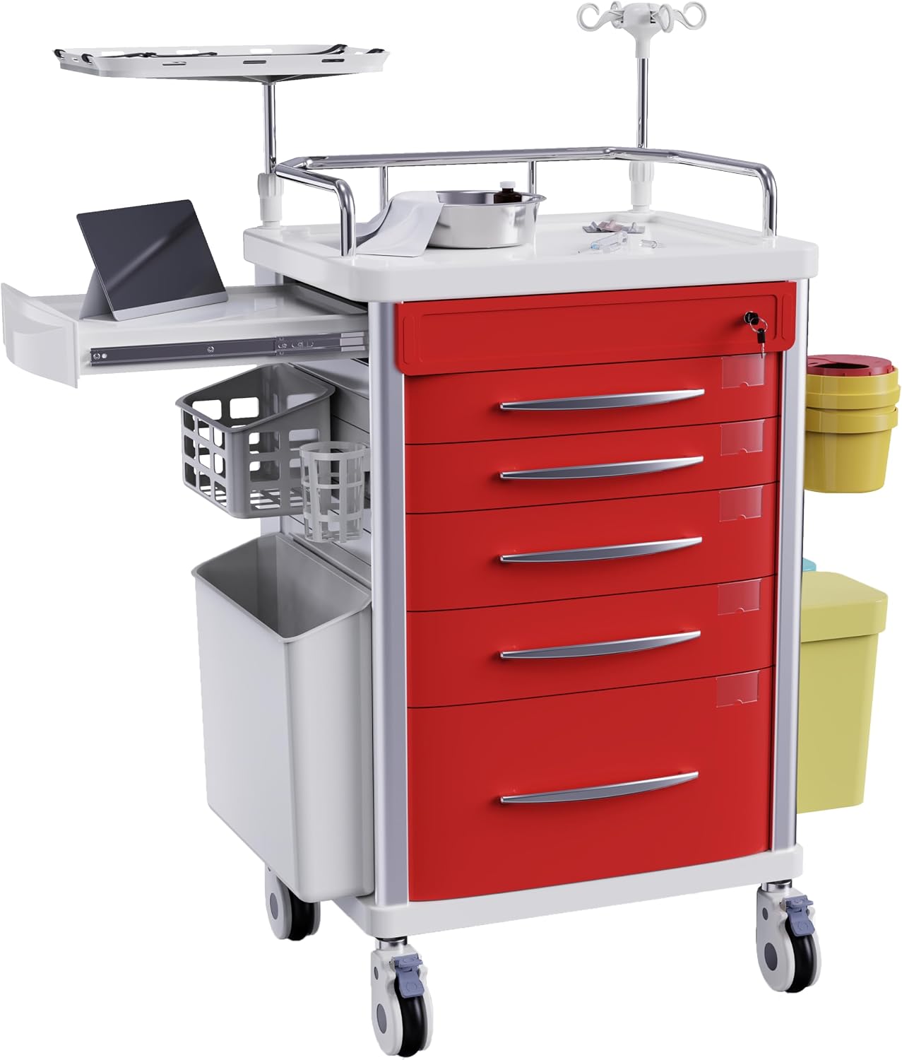 Medical Emergency Rolling Crash Cart with Drawers and Silent Casters | Adjustable IV Pole, Needle Disposal Holder