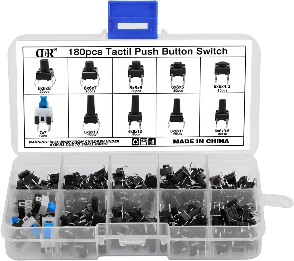 180Pcs Tactile Push Button Switch Assortment Kit, 10 Values 6x6mm 4-Pin Micro Momentary Tact Switch Set