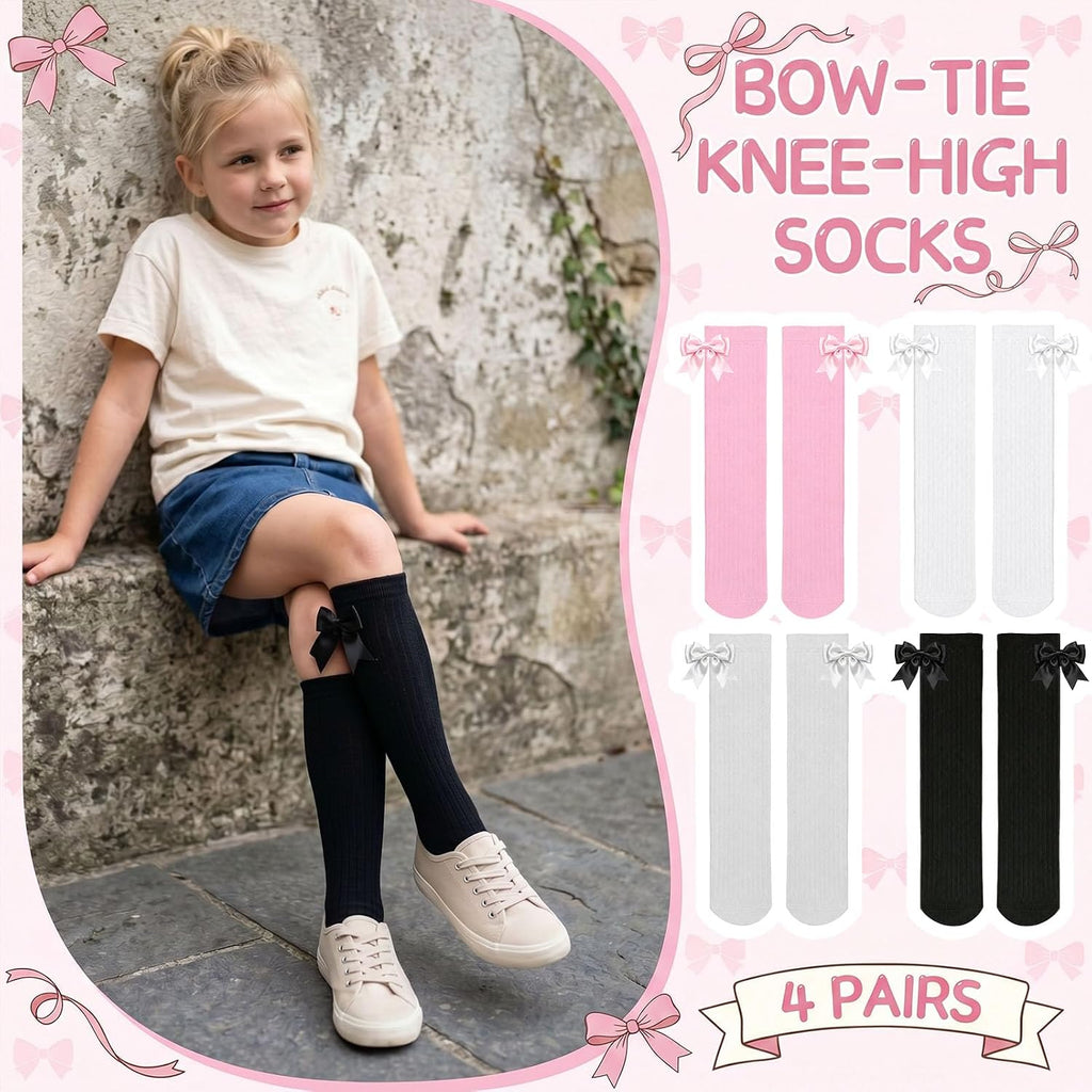 4 Pairs Girls Bow Knee High Socks Girls School Socks, 4-12 Years | Multicolor Choice with Cute Bow for Girls' School