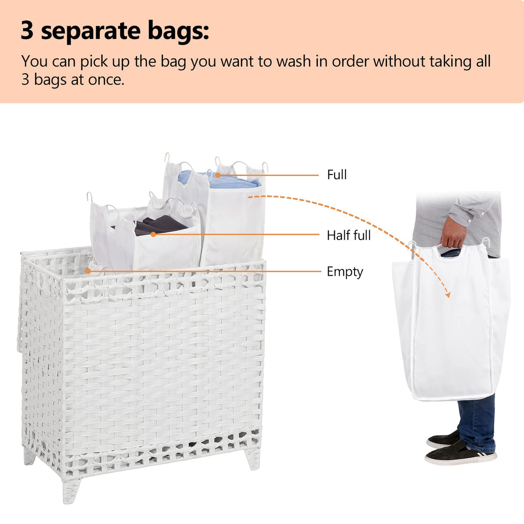 Laundry Hamper with 3 Removable Liner Bags, 132L Laundry Sorter with Lid