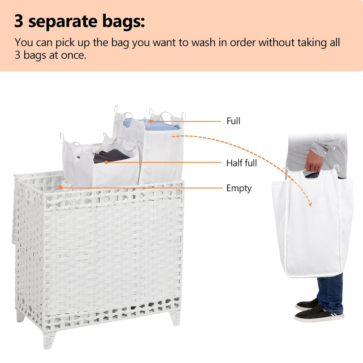 Laundry Hamper with 3 Removable Liner Bags, 132L Laundry Sorter with Lid