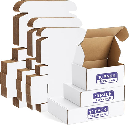 30 Pack Small Shipping Boxes Assorted Sizes, 6x4x3, 7x5x2, 9x6x2-10 PCS Each Small Boxes, White Corrugated Box