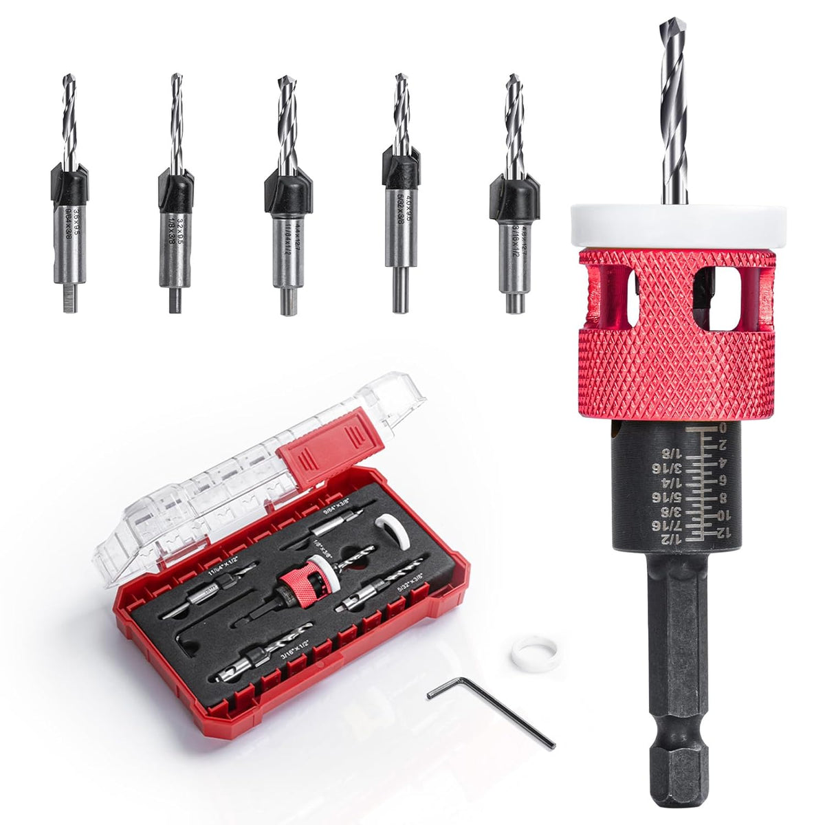 8 PCS Countersink Drill Bit Set with Depth Stop Collar for Woodworking
