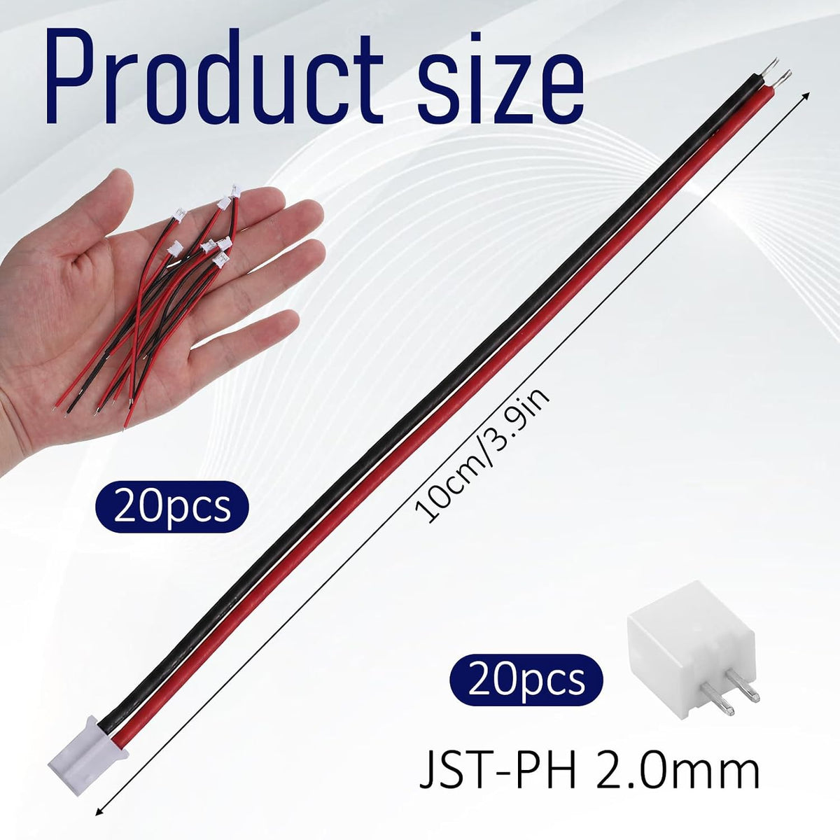 20 Sets JST PH 2.0 Connector 2 Pin Male & Female Plug Kit with 10cm 22AWG Silicone Wire Cable, 2.0mm Pitch Micro Connectors Wire Socket for RC Battery, PCB, LED Light Strips, 3D Printer