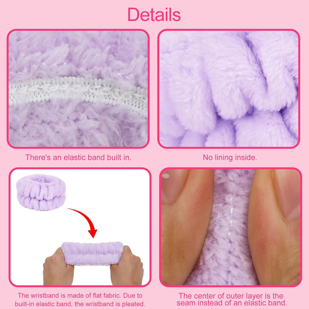 Spa Headband And Wristband Set Skincare Headband For Washing Face Hair Claw Clips For Thick Hair Cute Purple Puffy