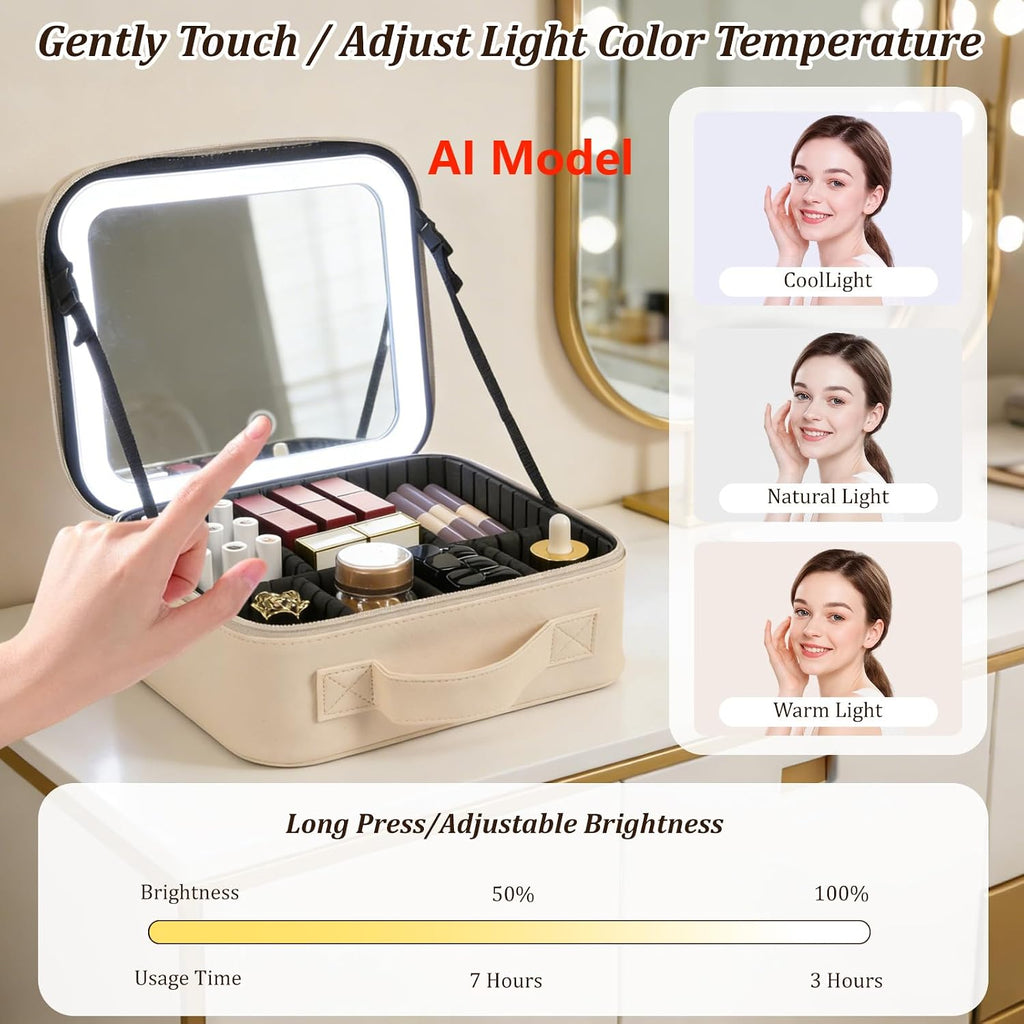 Travel Makeup Bag with Mirror & 8 Adjustable EVA Dividers, Beige | Portable makeup case, detachable mirror with 3