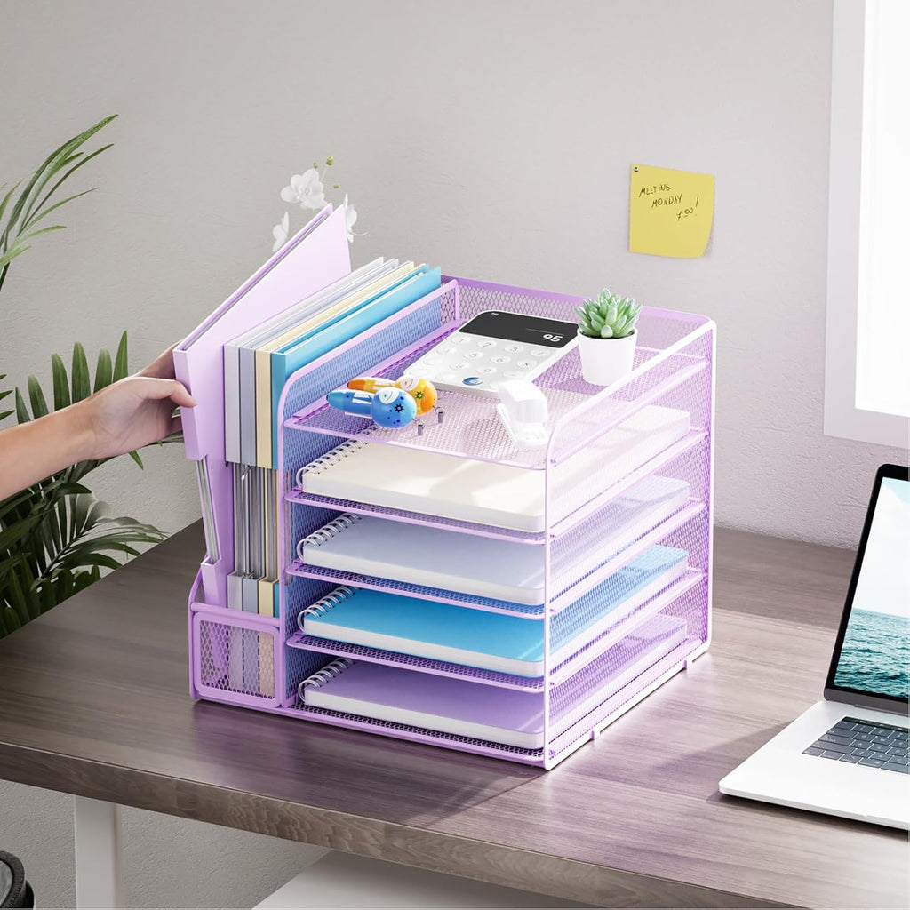 Desk Organizers and Accessories, 5-Tier Paper Letter Tray Organizer with File Holder, Mesh File Organizer, Office