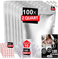 2 Quart Mylar Bags 100pcs with100 x 500cc Oxygen Absorbers-112 Labels | Stand-Up Reusable Airtight Resealable with 5