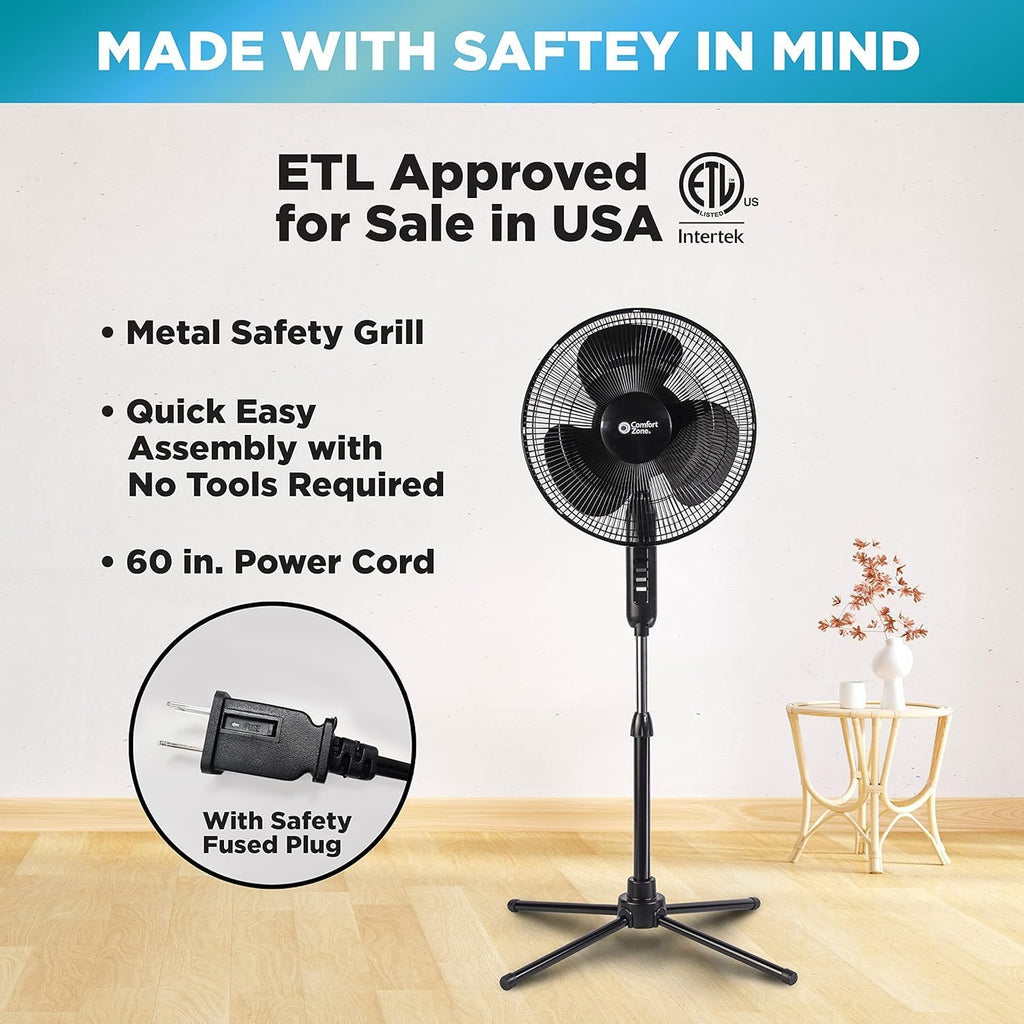 Comfort Zone Electric Oscillating Pedestal Fan, Stand Fan, 16 inch, 3 Speed, 90 Degree Oscillating Head, Adjustable