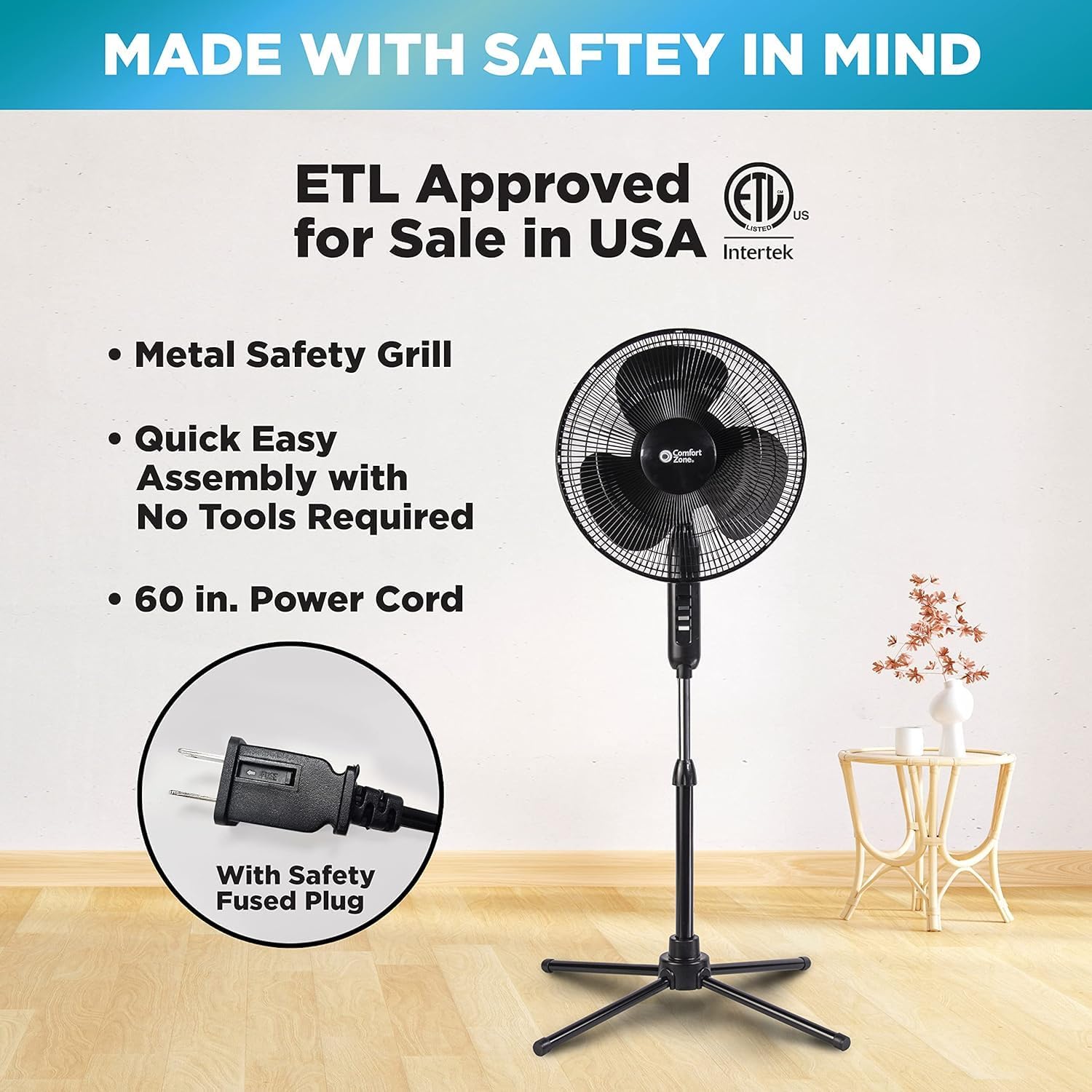 Comfort Zone Electric Oscillating Pedestal Fan, Stand Fan, 16 inch, 3 Speed, 90 Degree Oscillating Head, Adjustable