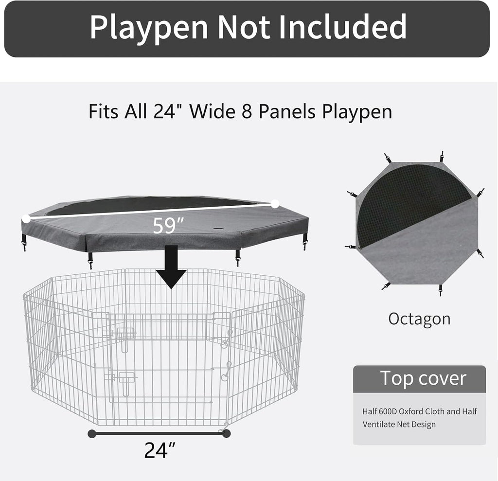 Top Cover Sun/Rain Proof Provide Shade and Security for Indoor Outdoor Dog Playpen Fits All 24" Wide 8 Panels Pet