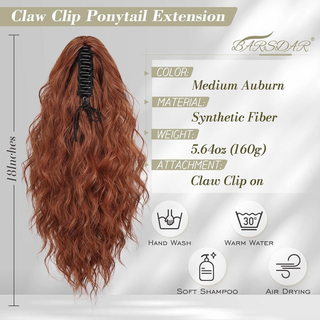 18 Inch Claw Clip Auburn Ponytail Extension – Thick Soft Wavy Curly Hairpieces for Women, Synthetic Claw Clip Hair