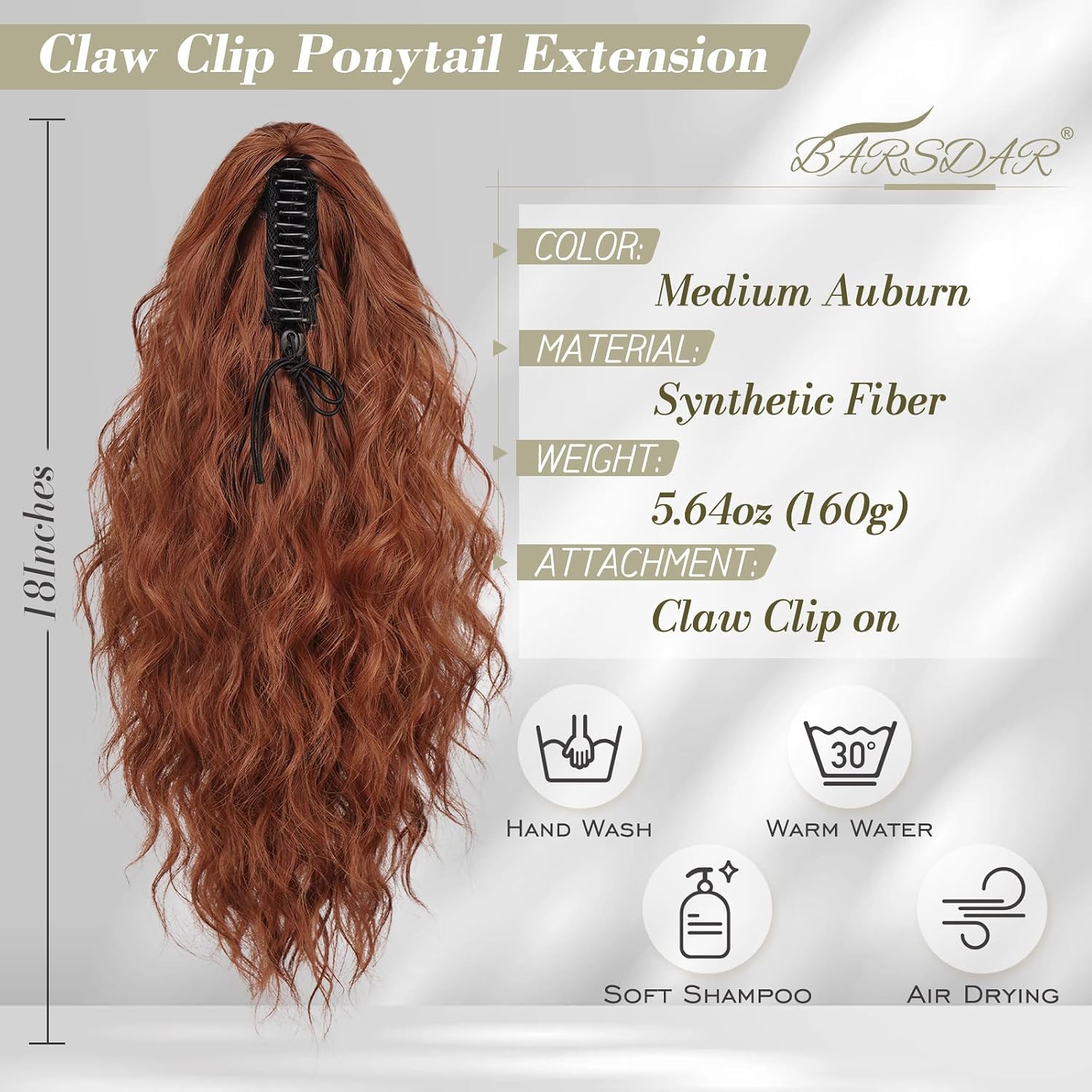 18 Inch Claw Clip Auburn Ponytail Extension – Thick Soft Wavy Curly Hairpieces for Women, Synthetic Claw Clip Hair