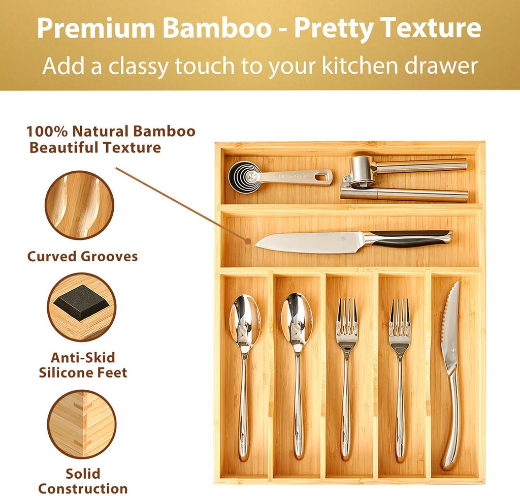 Bamboo Kitchen Drawer Organizer, 13 Inch Silverware Utensil Tray Holder, Extra Deep Grooved Drawer Divider, 7 Slots