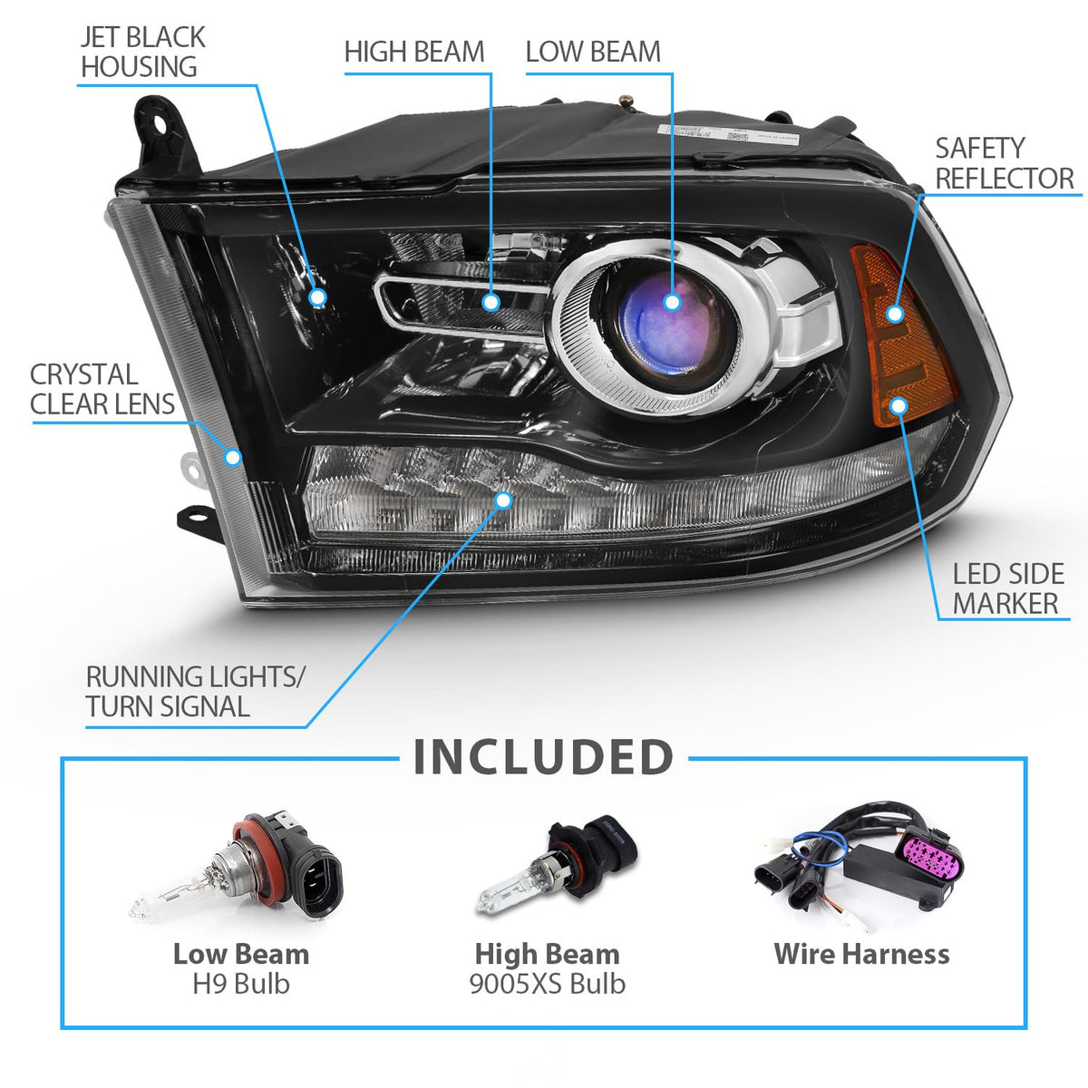 for 2009-2018 Dodge Ram 1500 2500 3500 BOTH Models Switchback LED Polished Black Replacement Projector Headlight