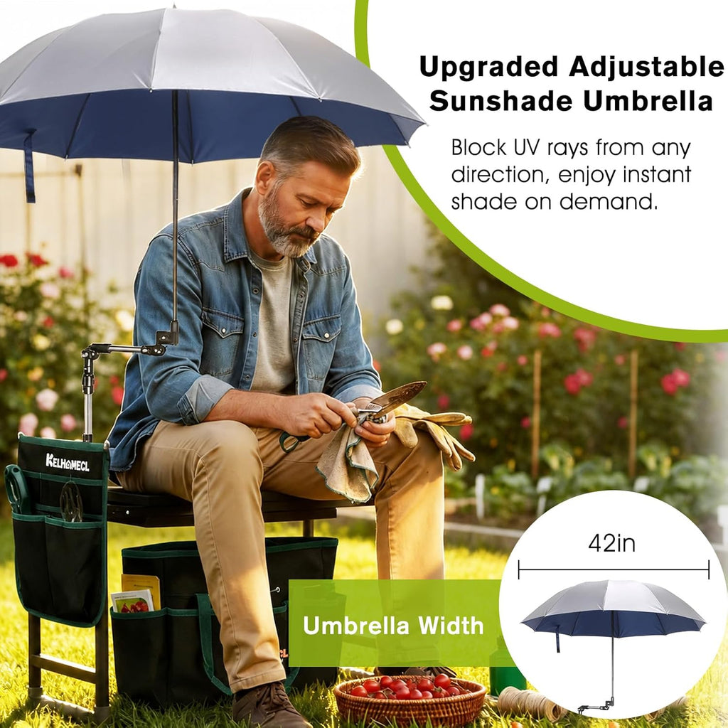 Garden Kneeler and Seat with Umbrella, 2-in-1 Foldable Gardening Stool with Adjustable Bracket, Detachable Tool Bags