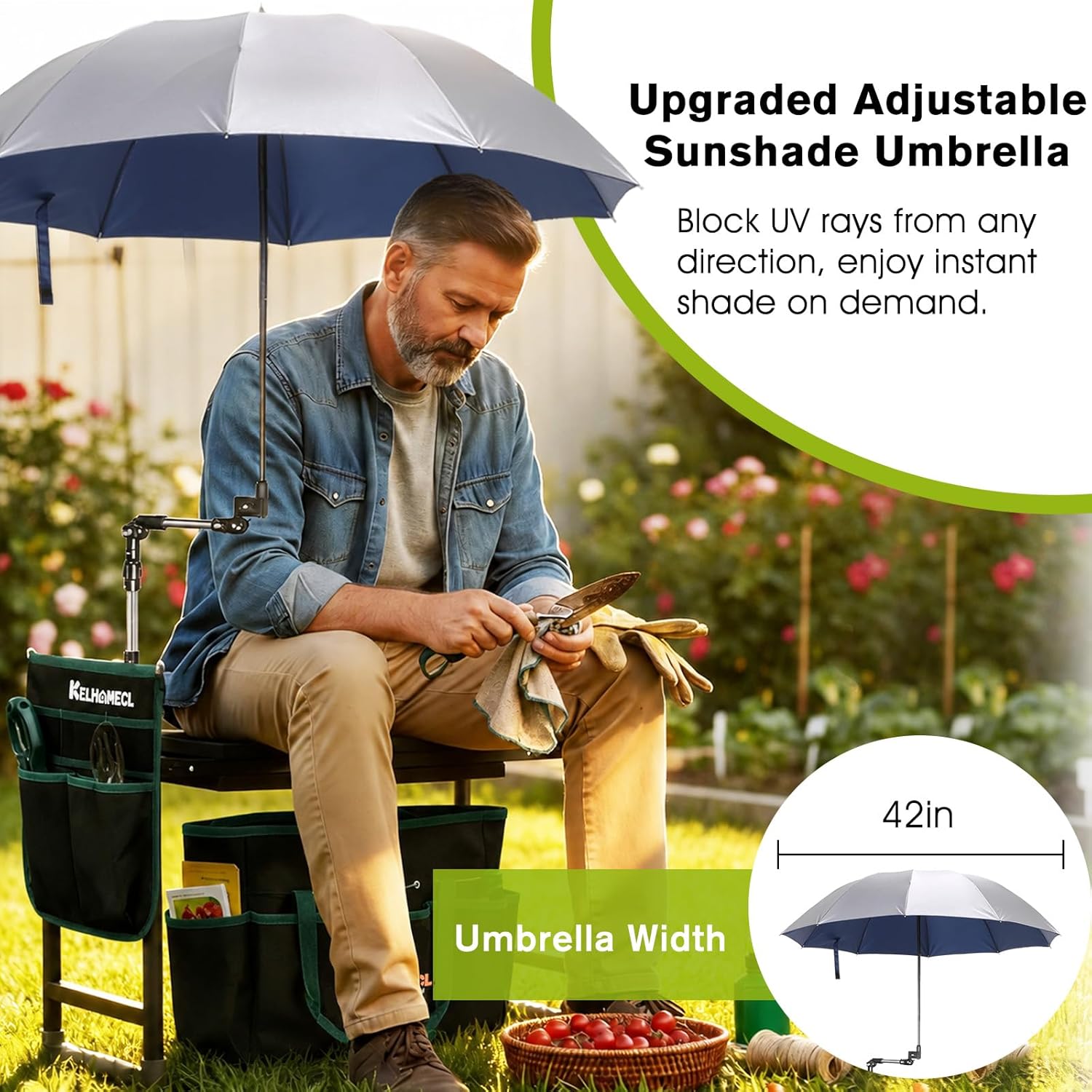 Garden Kneeler and Seat with Umbrella, 2-in-1 Foldable Gardening Stool with Adjustable Bracket, Detachable Tool Bags