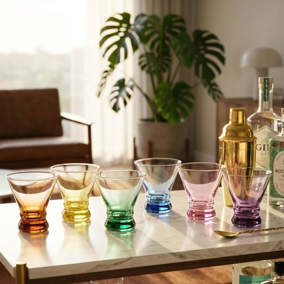 Stemless Martini Glasses Set of 6, Colored Cocktail Cups, Home Bar