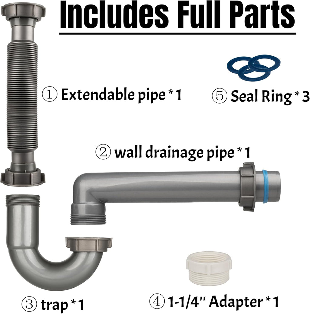 Flexible Sink Drain Kit, 1-1/2 In Expandable P-Trap For Wall Outlet | 1-1/4 In Adapter Included, Tool-Free Setup