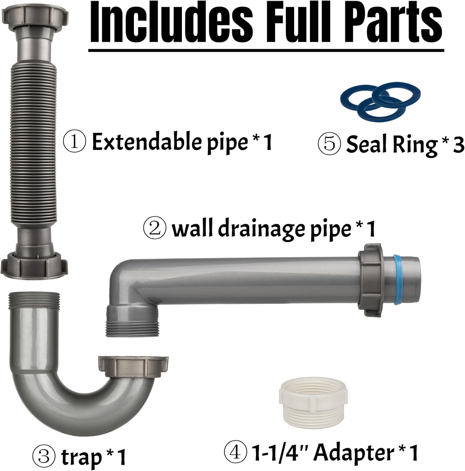 Flexible Sink Drain Kit, 1-1/2 In Expandable P-Trap For Wall Outlet | 1-1/4 In Adapter Included, Tool-Free Setup