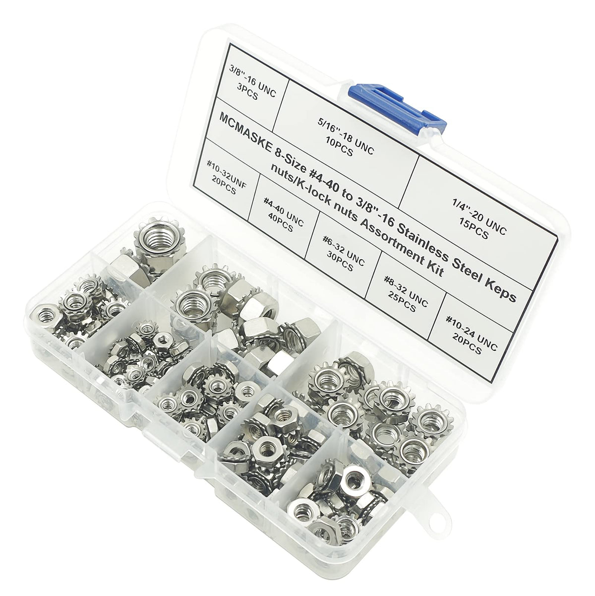 MCMASKE 163PCS Stainless Steel SAE Keps K-Lock Nuts #4-40 to 3/8"-16 Kit