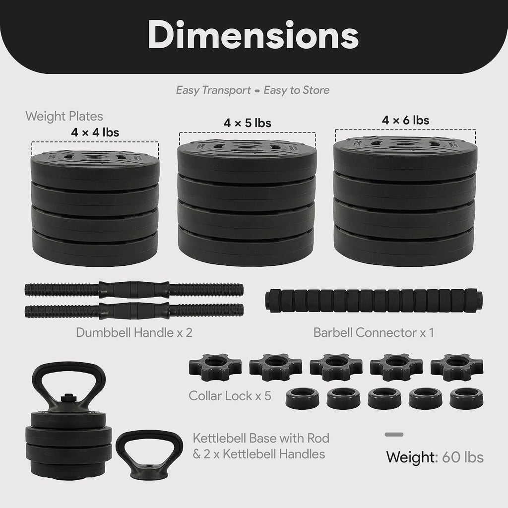 Adjustable Dumbbells, 60lbs Free Weight Set with Connector, Multiple Function Dumbbells Set Barbell, Kettlebells
