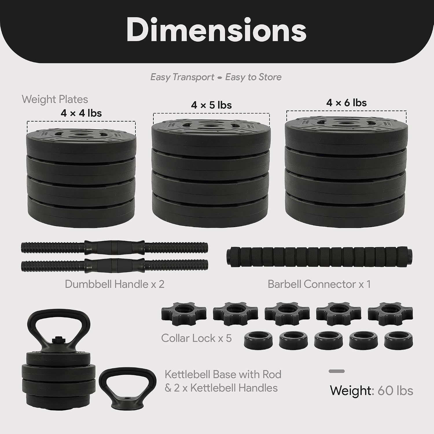 Adjustable Dumbbells, 60lbs Free Weight Set with Connector, Multiple Function Dumbbells Set Barbell, Kettlebells