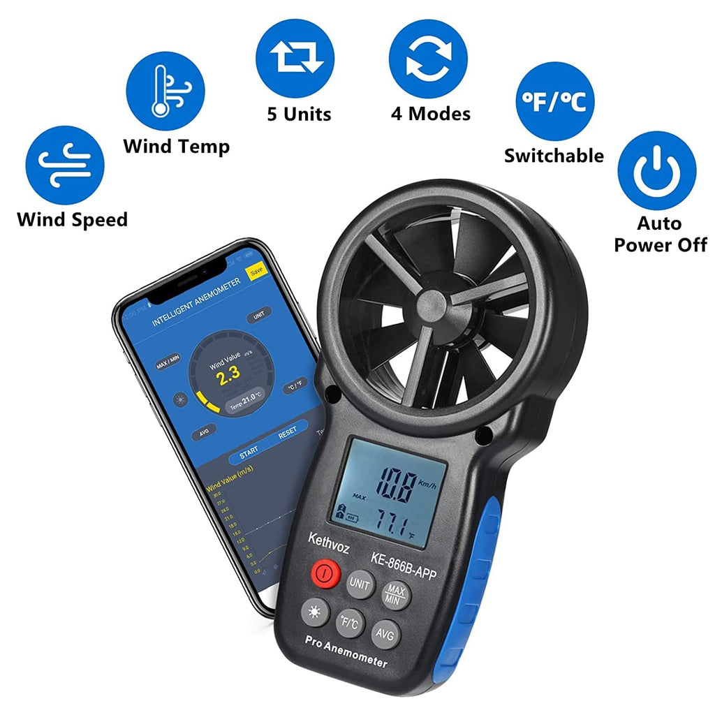 Bluetooth Anemometer Wind Speed Meter w/Data Logger, Kethvoz 866B-APP