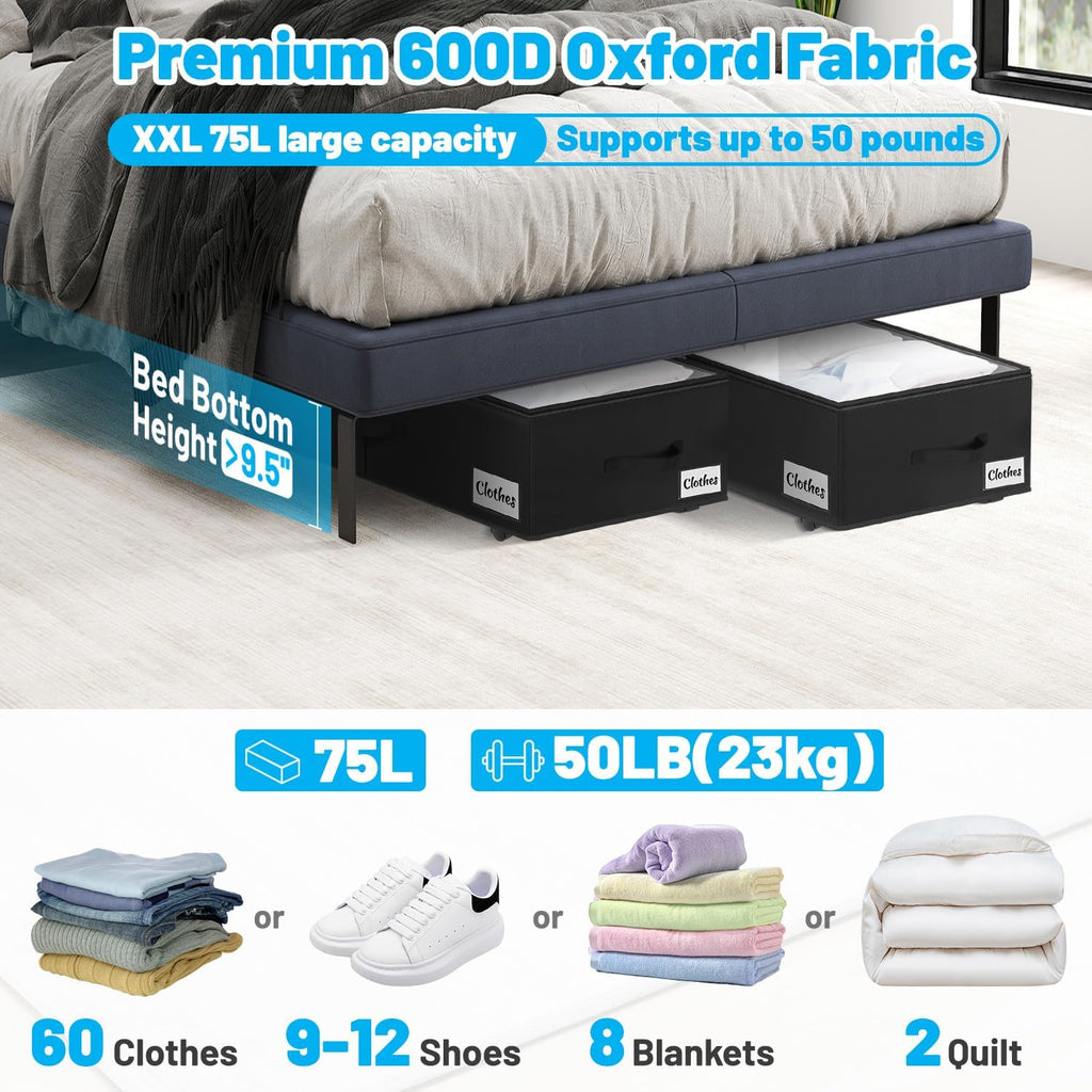 Under Bed Storage with Wheels, 2-Pack 10" Height XXL 75L Rolling Storage Bins, Quick Assembly Underbed Shoe Storage
