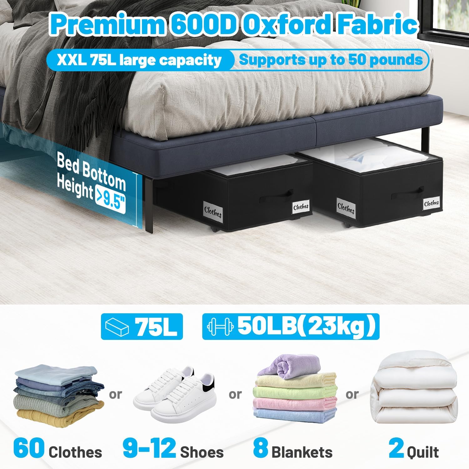 Under Bed Storage with Wheels, 2-Pack 10" Height XXL 75L Rolling Storage Bins, Quick Assembly Underbed Shoe Storage