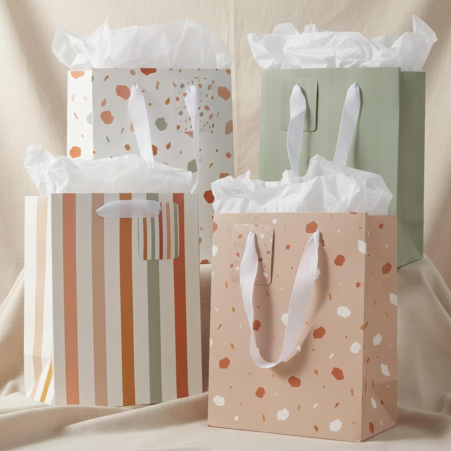 Beautiful Gift Bags Set of 4 - Medium Sized 9" Bags with Handles incl. Matching Tissue Paper, Cards & Small Stickers