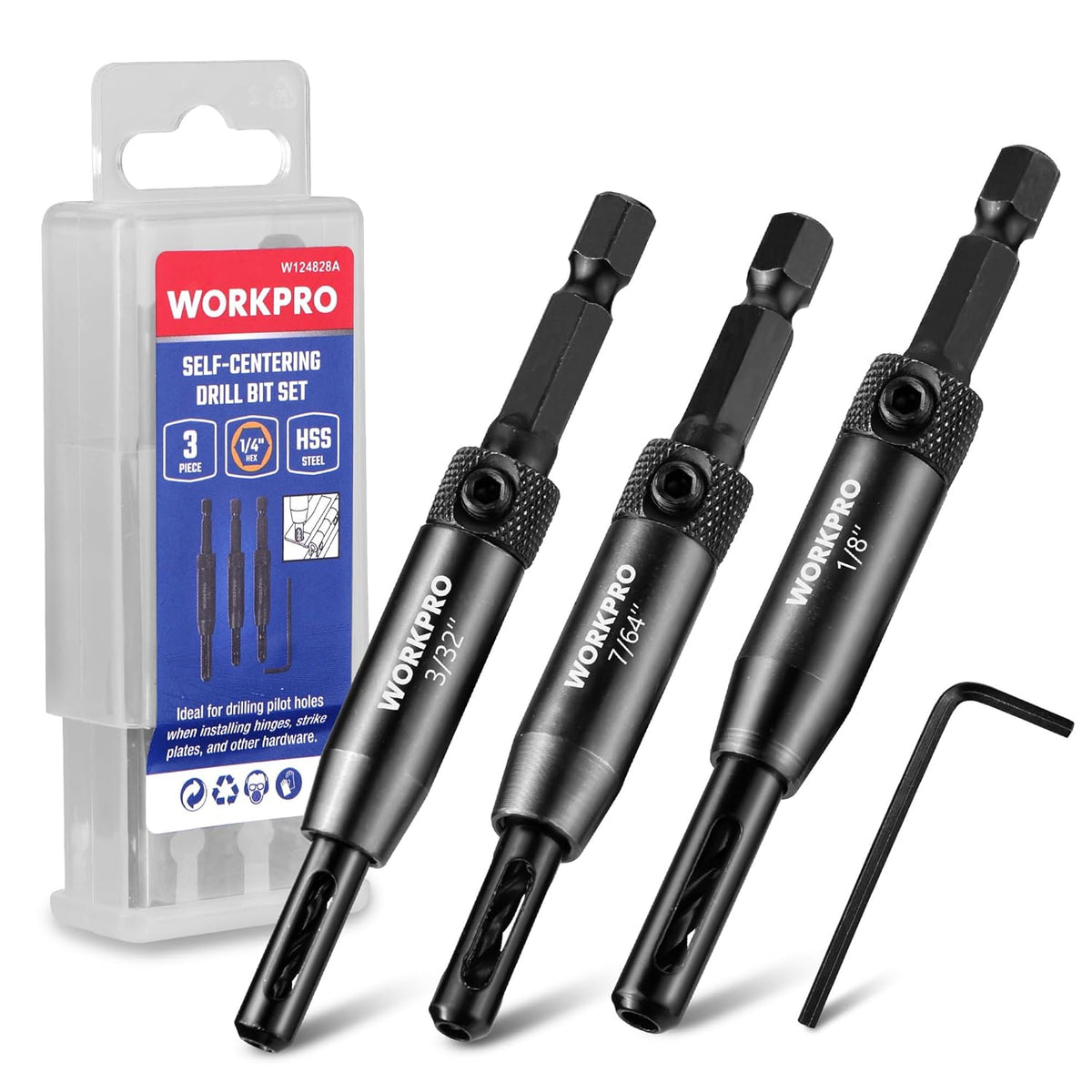 WORKPRO Self Centering Drill Bit Set, 3-Piece VIX Bit with Hex Key